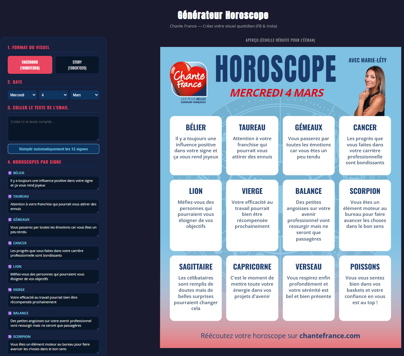 Générateur de visuels horoscope — Chante France